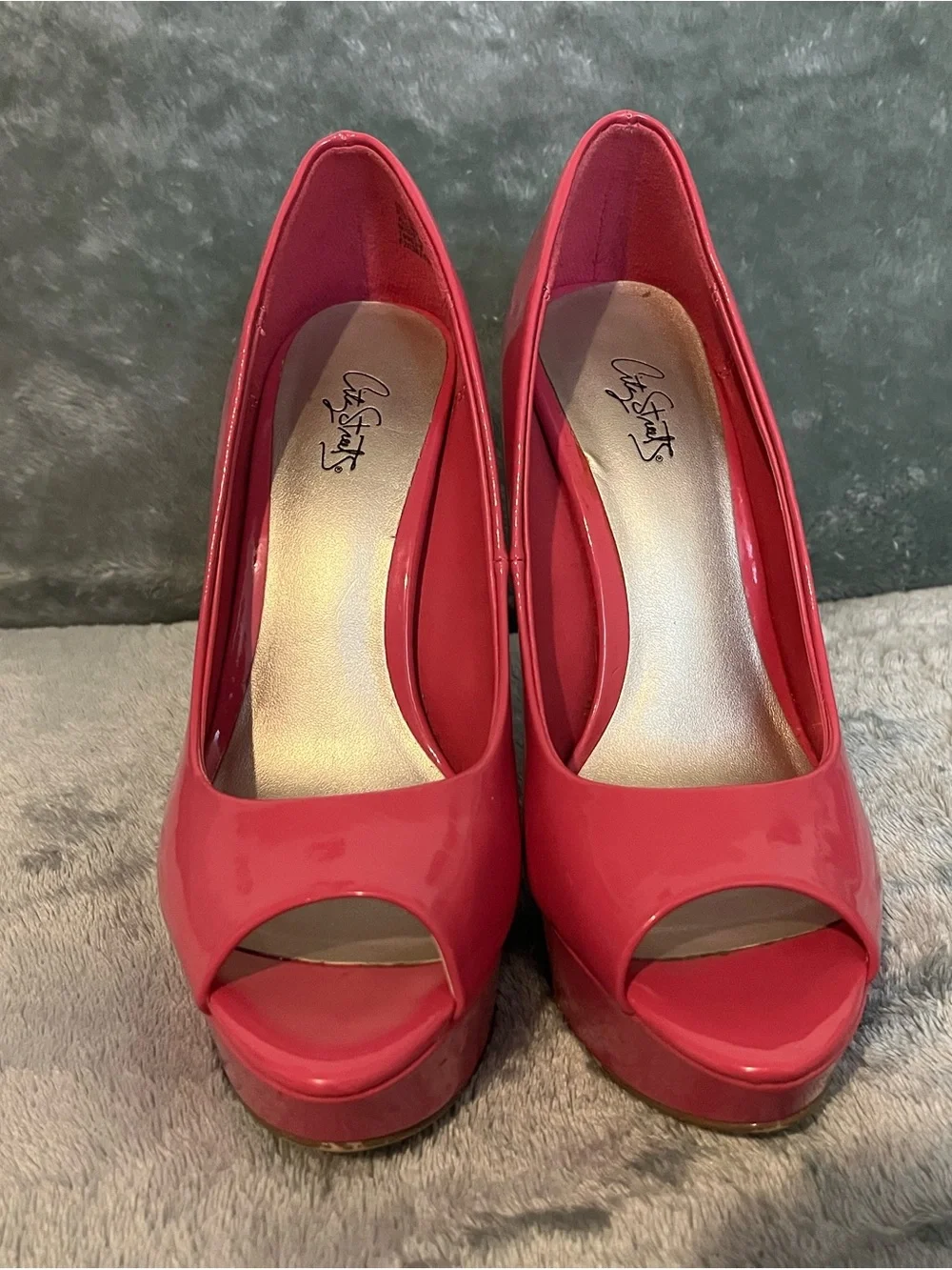 Fuchsia Patent Peep-Toe Platform Pumps by city streets